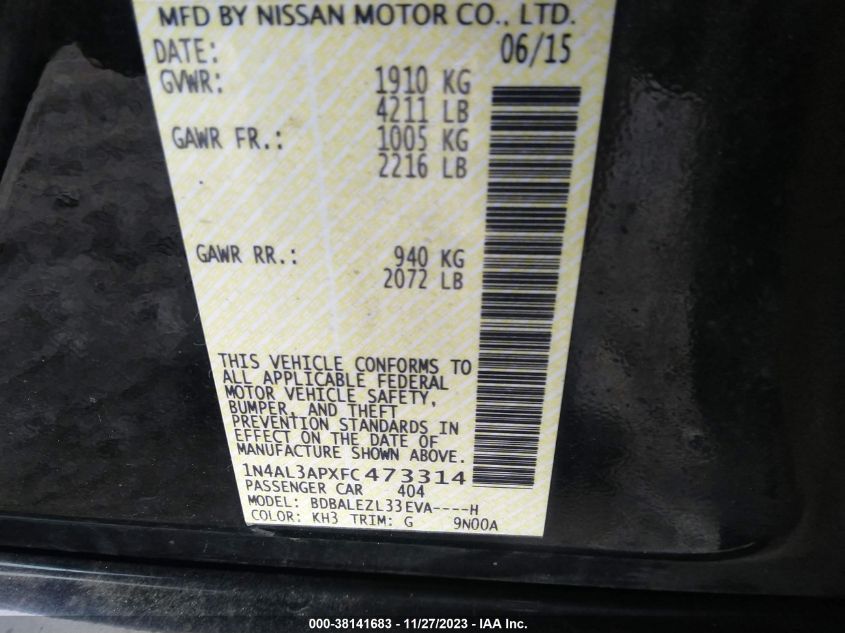 2015 NISSAN ALTIMA 2.5 S - 1N4AL3APXFC473314