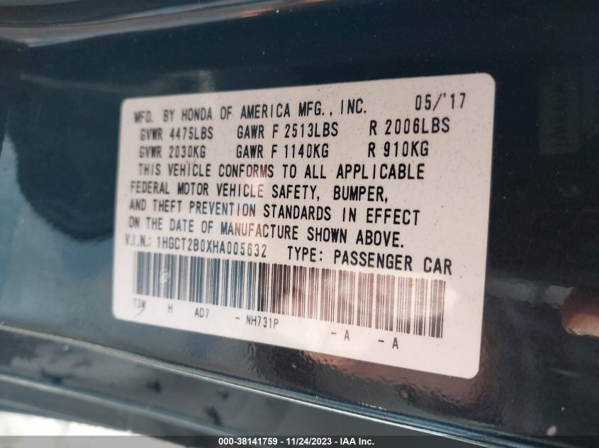 VIN 1HGCT2B0XHA005632 2017 HONDA ACCORD TOURING V6