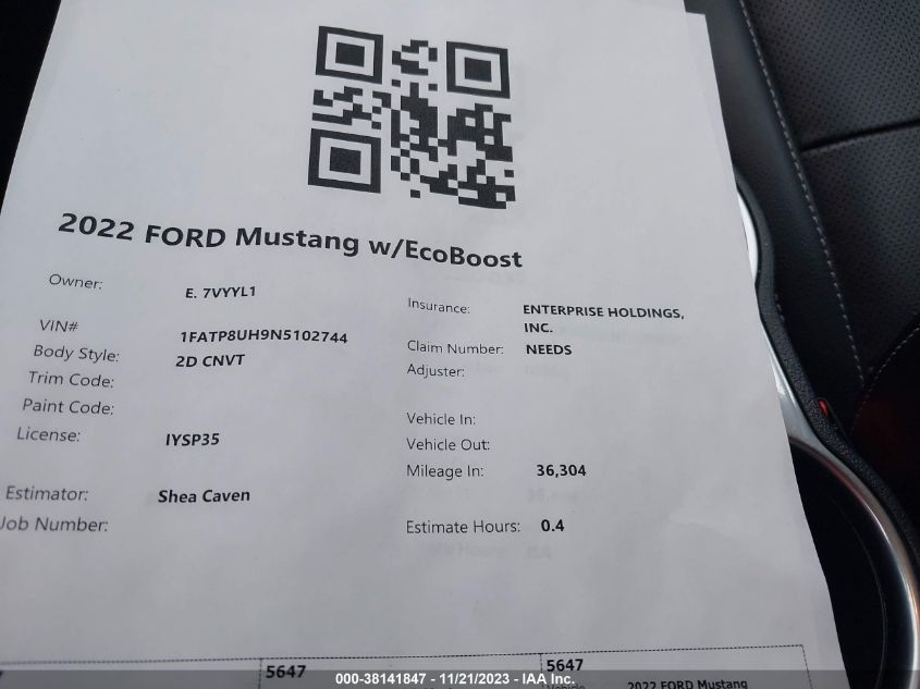 1FATP8UH9N5102744 Ford Mustang ECOBOOST 12