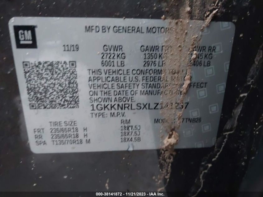 VIN 1GKKNRLSXLZ141237 2020 GMC ACADIA FWD SLE