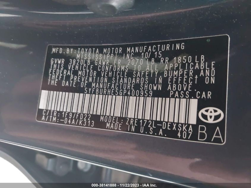 2016 TOYOTA COROLLA L/LE/S/S PLUS/LE PLUS - 5YFBURHE5GP400959
