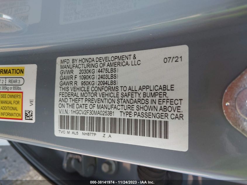 2021 HONDA ACCORD SPORT 2.0T - 1HGCV2F30MA025381