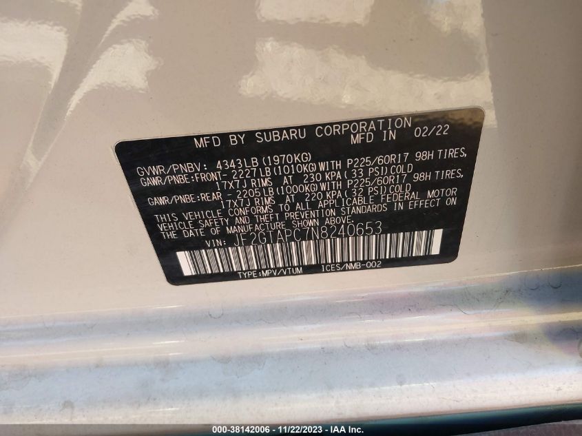 2022 SUBARU CROSSTREK PREMIUM - JF2GTAPC7N8240653