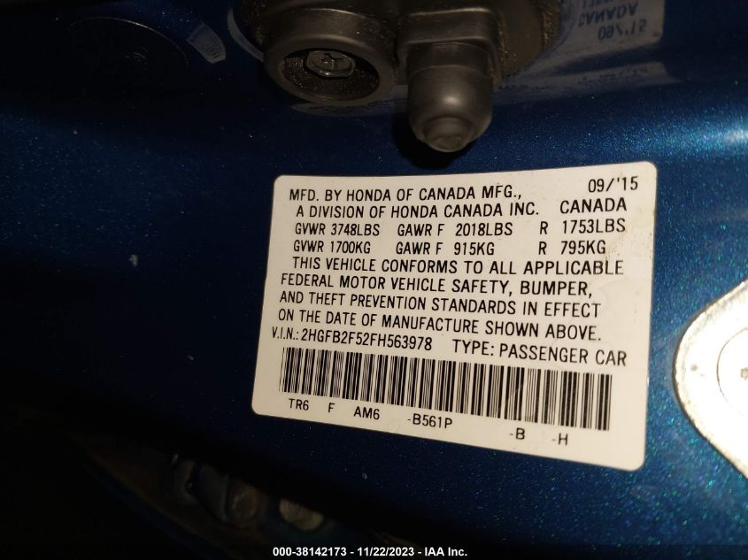 2015 HONDA CIVIC LX - 2HGFB2F52FH563978