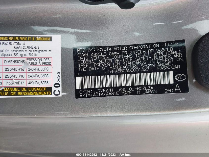 2016 LEXUS RC 200T JTHHA5BC6G5001427