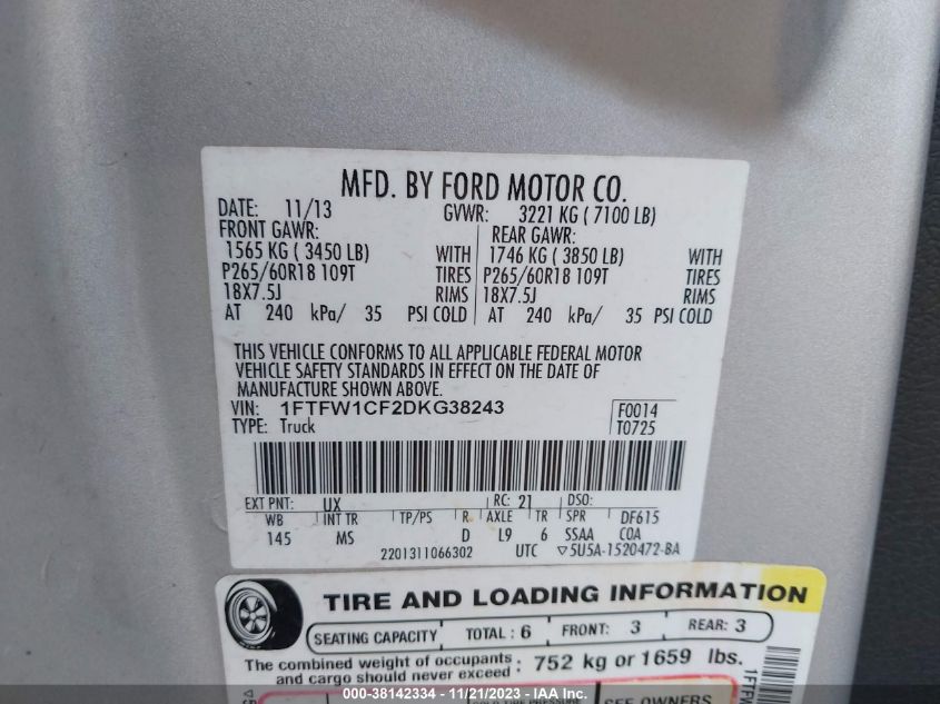 2013 FORD F-150 XLT - 1FTFW1CF2DKG38243