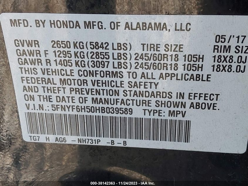 2017 HONDA PILOT EX-L - 5FNYF6H50HB039589