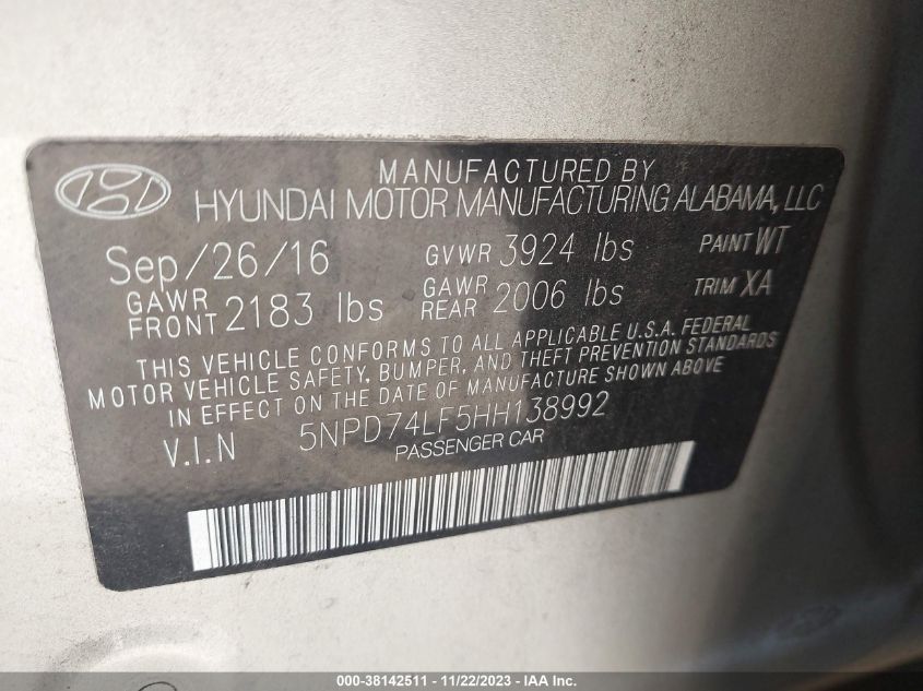 2017 HYUNDAI ELANTRA SE - 5NPD74LF5HH138992