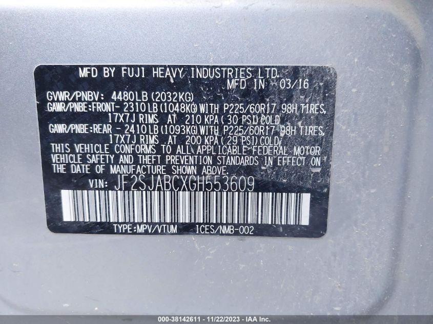 2016 SUBARU FORESTER 2.5I - JF2SJABCXGH553609