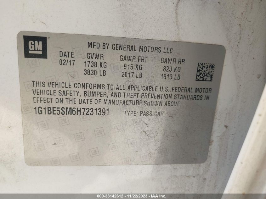 2017 CHEVROLET CRUZE LT - 1G1BE5SM6H7231391
