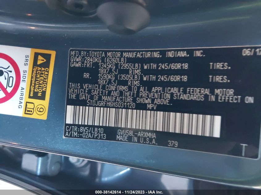 2017 TOYOTA HIGHLANDER HYBRID XLE 5TDJGRFH6HS031120