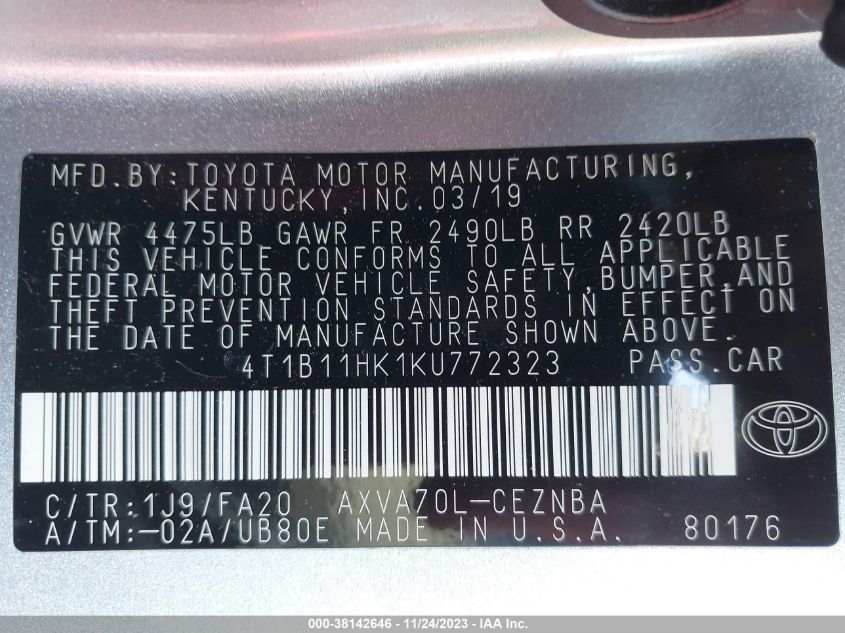 2019 TOYOTA CAMRY L/LE/XLE/SE/XSE - 4T1B11HK1KU772323