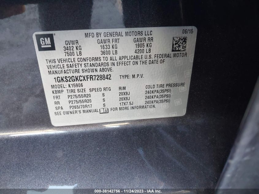 2015 GMC YUKON XL 1500 SLE 1GKS2GKCXFR728842