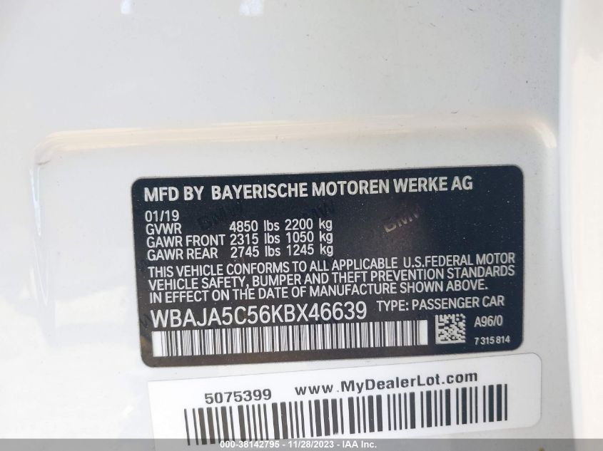 2019 BMW 530I WBAJA5C56KBX46639