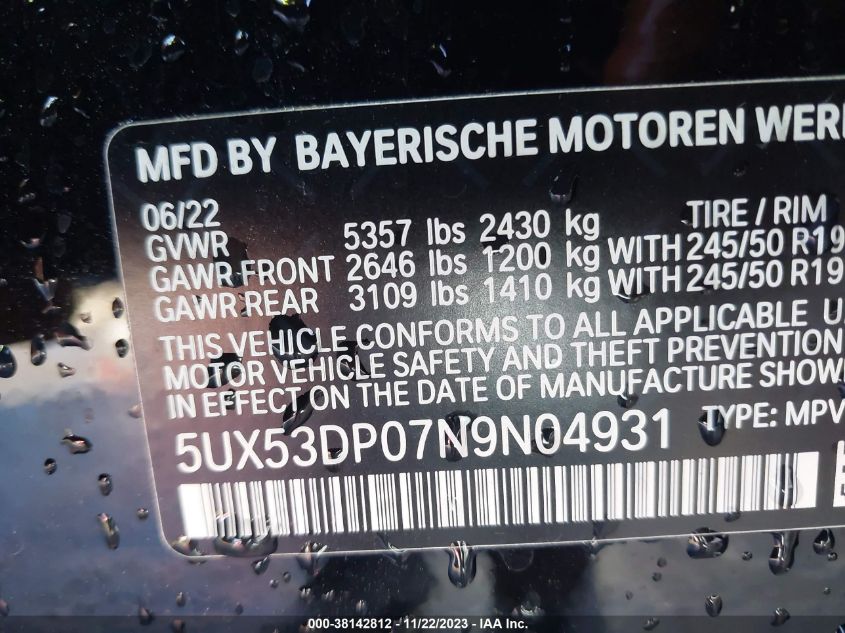 5UX53DP07N9N04931 2022 BMW X3, photo no. 9