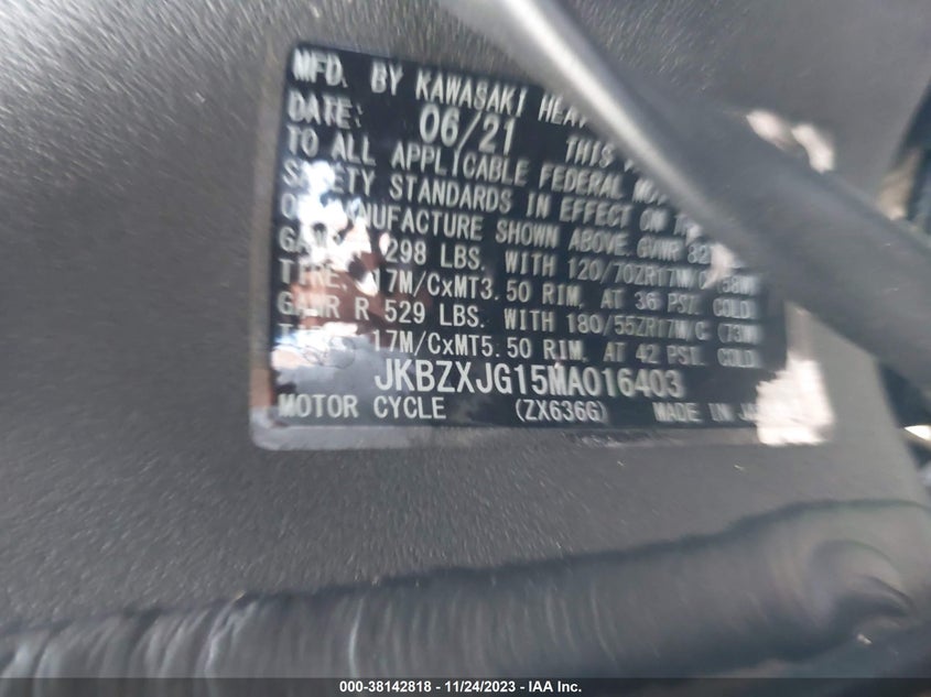 VIN JKBZXJG15MA016403 2021 KAWASAKI ZX636 K