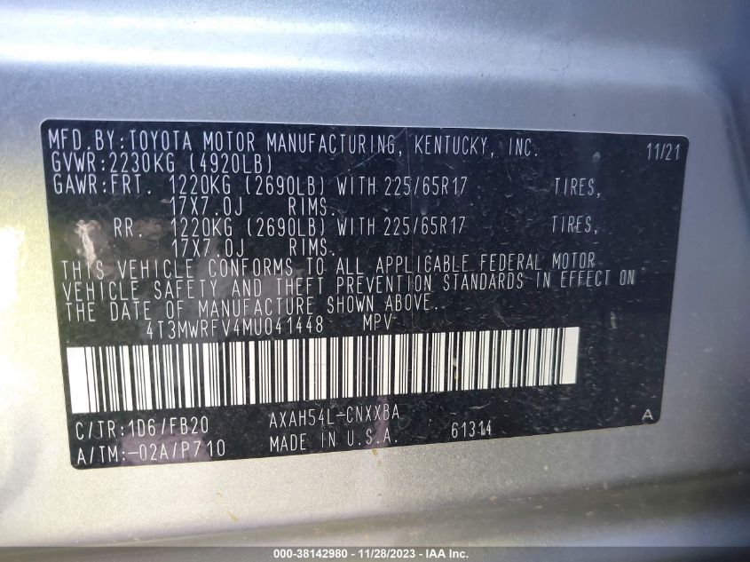 VIN 4T3MWRFV4MU041448 2021 TOYOTA RAV4 LE HYBRID