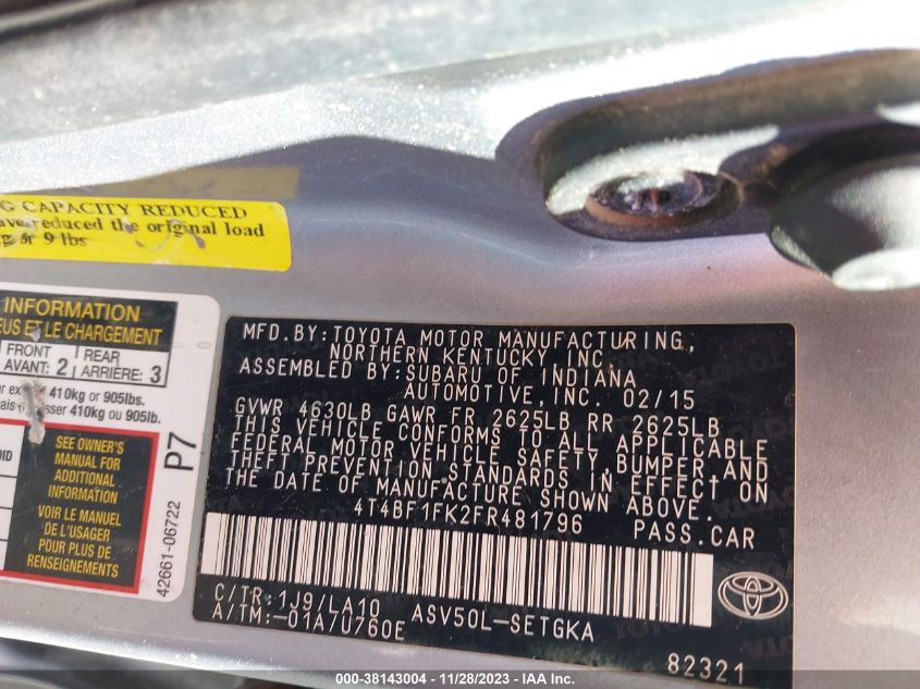 2015 TOYOTA CAMRY XLE - 4T4BF1FK2FR481796