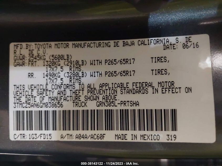2016 TOYOTA TACOMA DBL CAB/SR/SR5/TRD SPT/OR - 3TMCZ5AN6GM038656