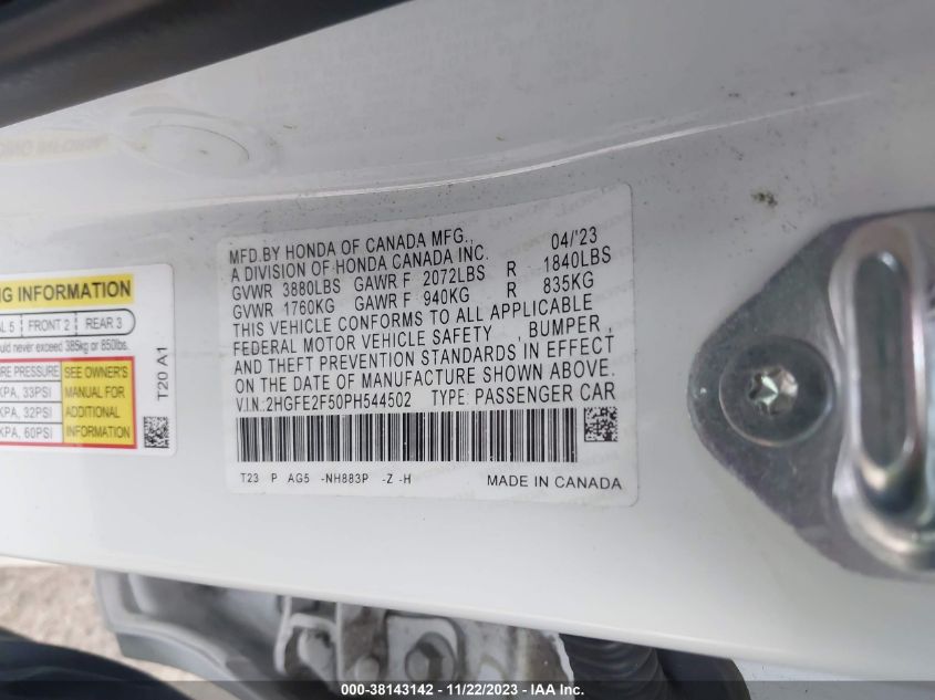 2023 HONDA CIVIC SPORT - 2HGFE2F50PH544502