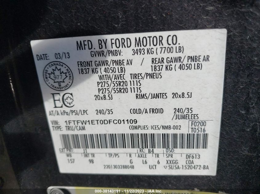 2013 FORD F-150 PLATINUM - 1FTFW1ET0DFC01109