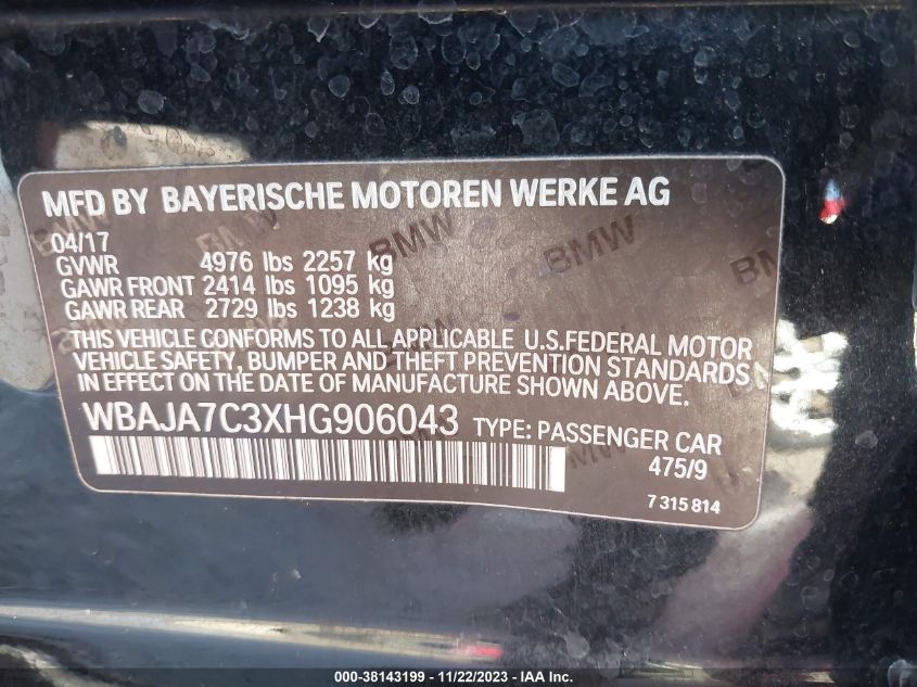 2017 BMW 530I XDRIVE WBAJA7C3XHG906043