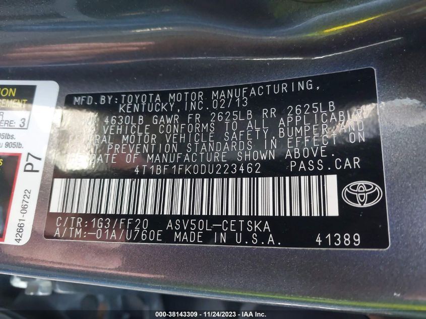2013 TOYOTA CAMRY L/SE/LE/XLE - 4T1BF1FK0DU223462