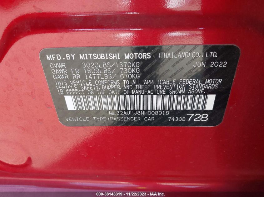 2022 MITSUBISHI MIRAGE ES/LE - ML32AUHJ8NH008918