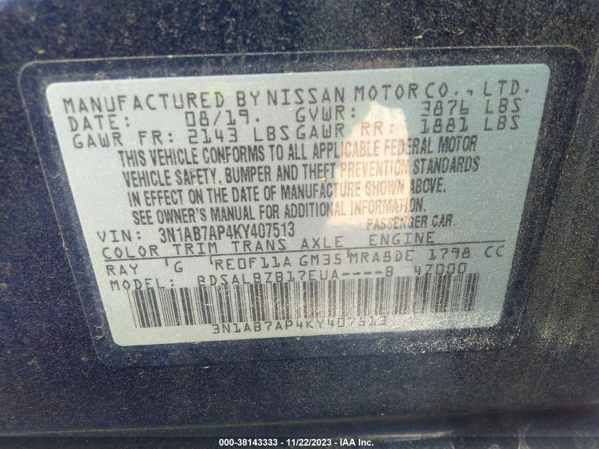 2019 NISSAN SENTRA S/SV/SR/SL - 3N1AB7AP4KY407513