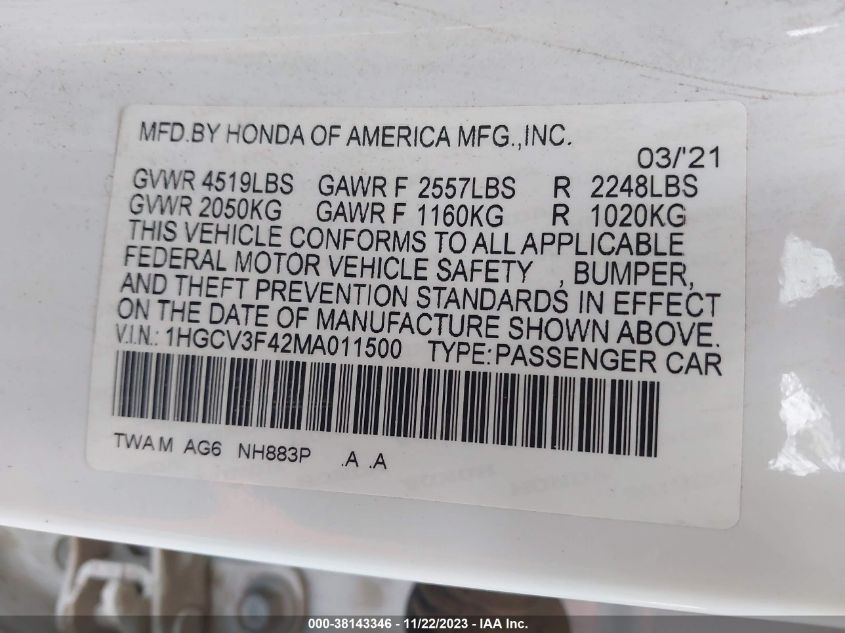 2021 HONDA ACCORD HYBRID EX - 1HGCV3F42MA011500