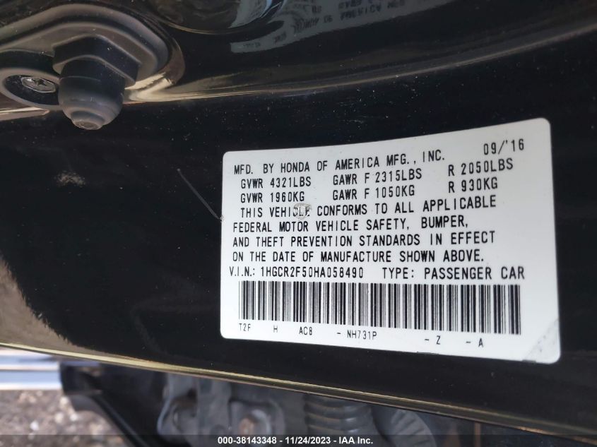 2017 HONDA ACCORD SPORT - 1HGCR2F50HA058490