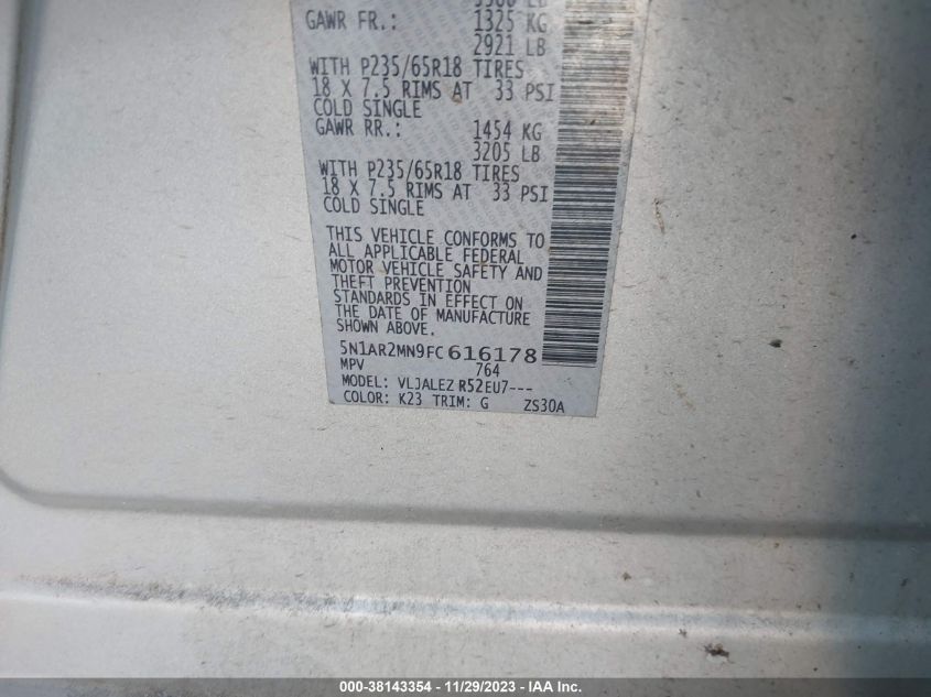 2015 NISSAN PATHFINDER PLATINUM/S/SL/SV - 5N1AR2MN9FC616178
