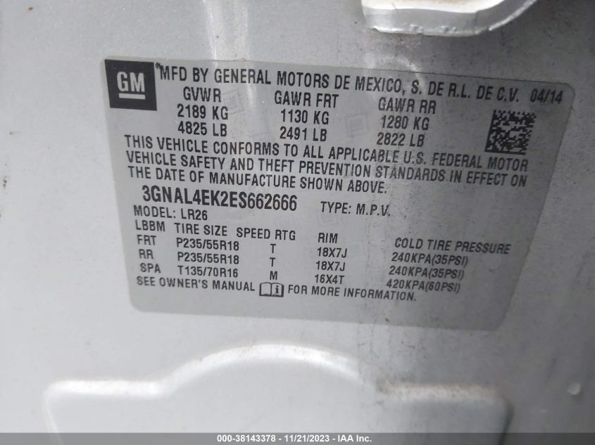 2014 CHEVROLET CAPTIVA SPORT LTZ 3GNAL4EK2ES662666
