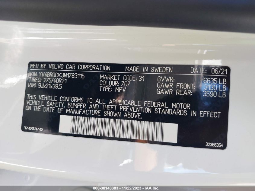 2022 VOLVO XC90 RECHARGE PLUG-IN HYBRID T8 INSCRIPTION EXPRESSION 7 PASSENGER - YV4BR0CK3N1783115