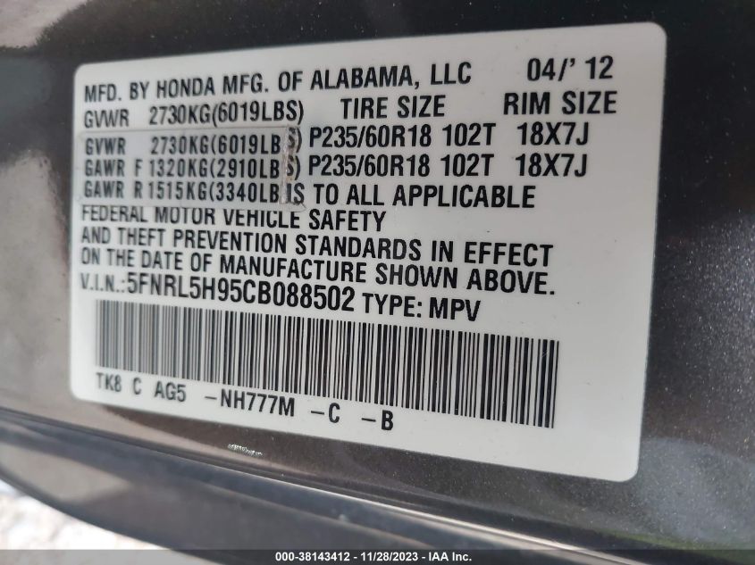 5FNRL5H95CB088502 2012 HONDA ODYSSEY, photo no. 9