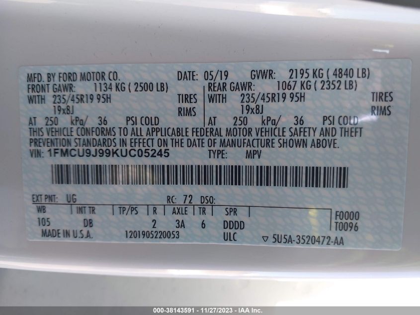 1FMCU9J99KUC05245 2019 FORD ESCAPE, photo no. 9