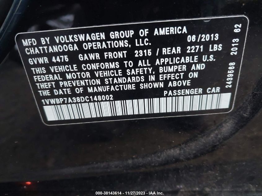 2013 VOLKSWAGEN PASSAT SE - 1VWBP7A38DC148002