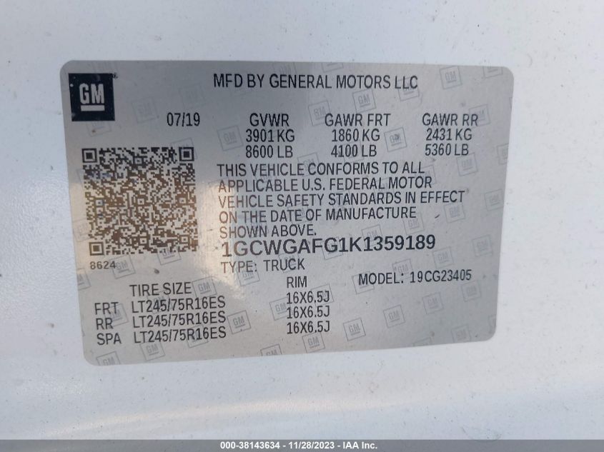 2019 CHEVROLET EXPRESS 2500 WORK VAN 1GCWGAFG1K1359189