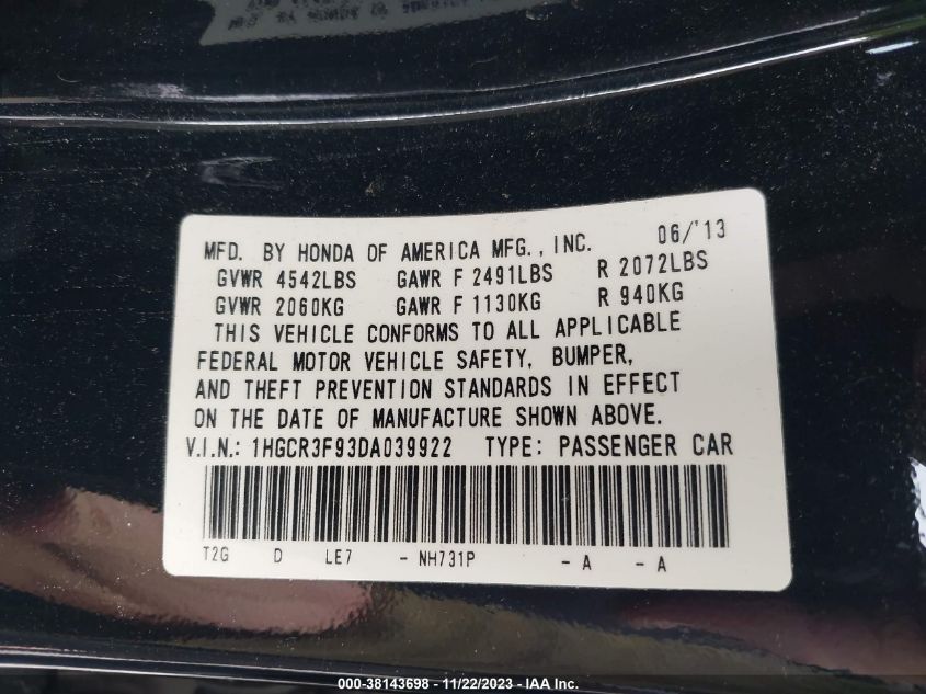 2013 HONDA ACCORD TOURING - 1HGCR3F93DA039922