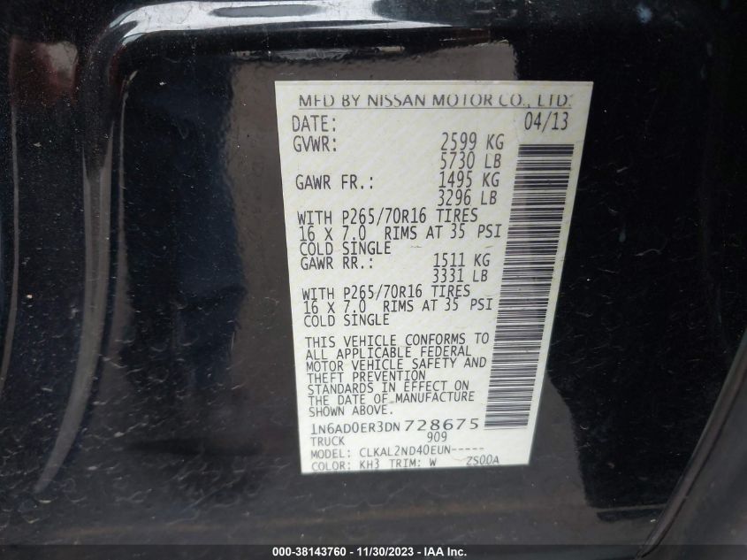 2013 NISSAN FRONTIER SV - 1N6AD0ER3DN728675