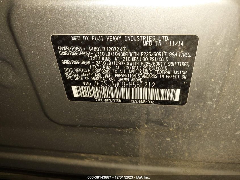 2015 SUBARU FORESTER 2.5I LIMITED - JF2SJAHC9FH551212
