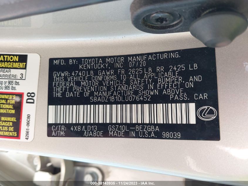VIN 58ADZ1B10LU076452 2020 LEXUS ES 350