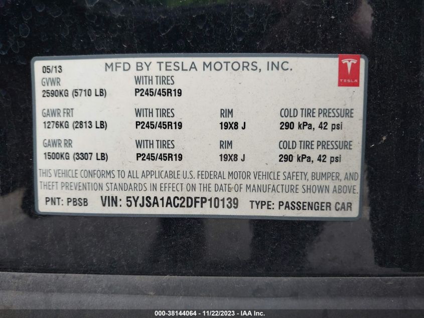 2013 TESLA MODEL S 5YJSA1AC2DFP10139
