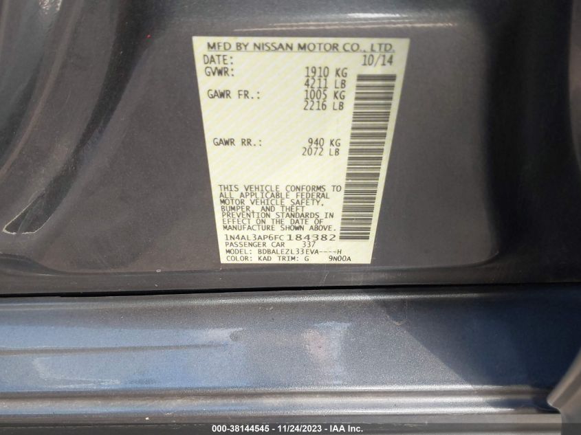 2015 NISSAN ALTIMA 2.5/S/SV/SL - 1N4AL3AP6FC184382