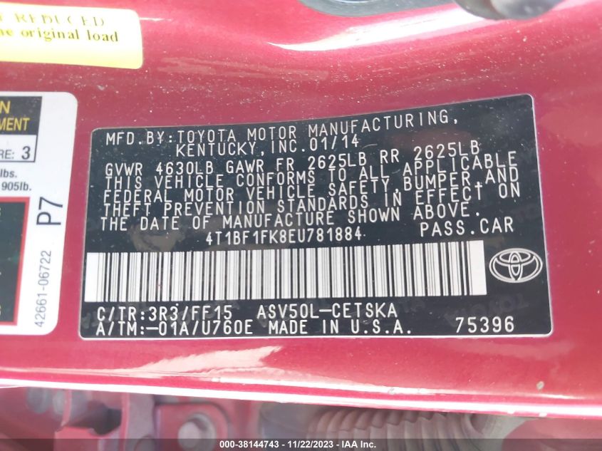 2014 TOYOTA CAMRY L/LE/XLE/SE/SE SPORT - 4T1BF1FK8EU781884