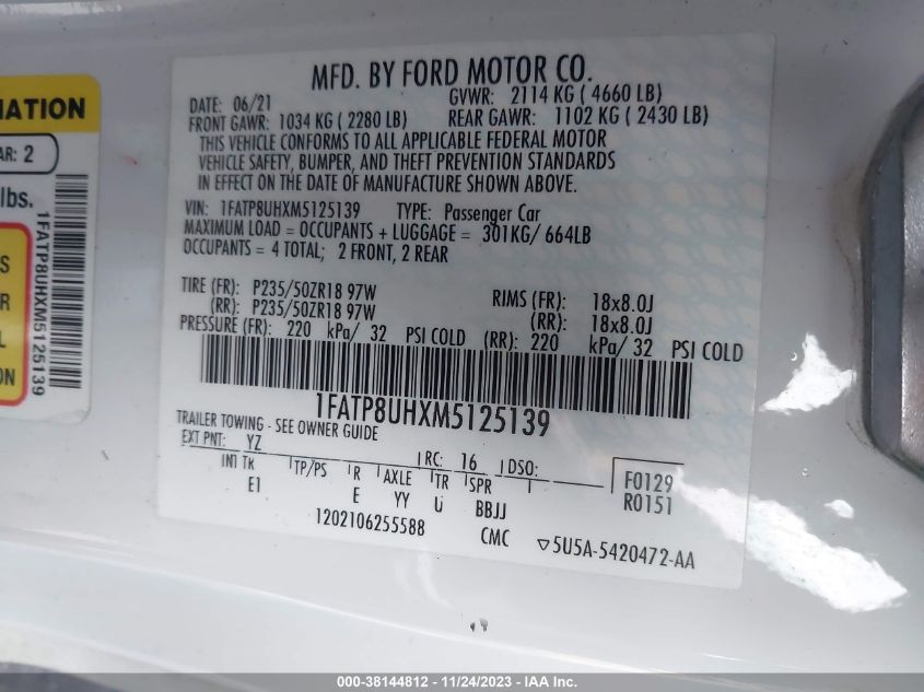 2021 FORD MUSTANG - 1FATP8UHXM5125139
