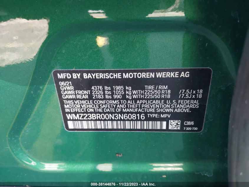 2022 MINI COUNTRYMAN COOPER WMZ23BR00N3N60816