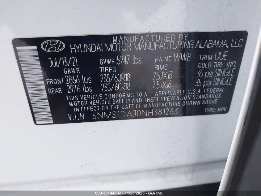 2022 HYUNDAI SANTA FE SE - 5NMS1DAJ0NH381263