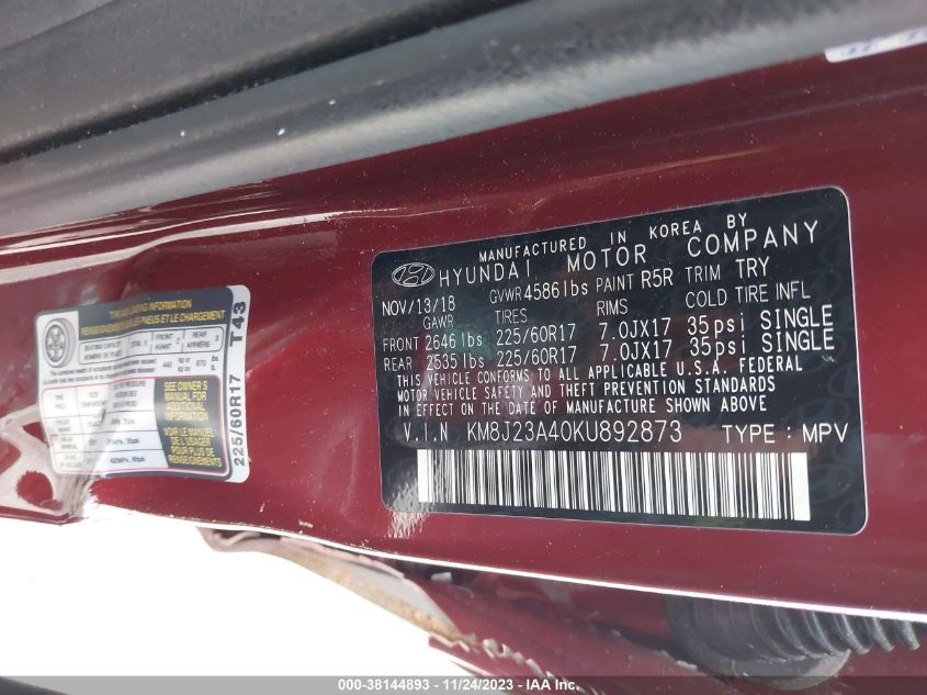 2019 HYUNDAI TUCSON SE - KM8J23A40KU892873