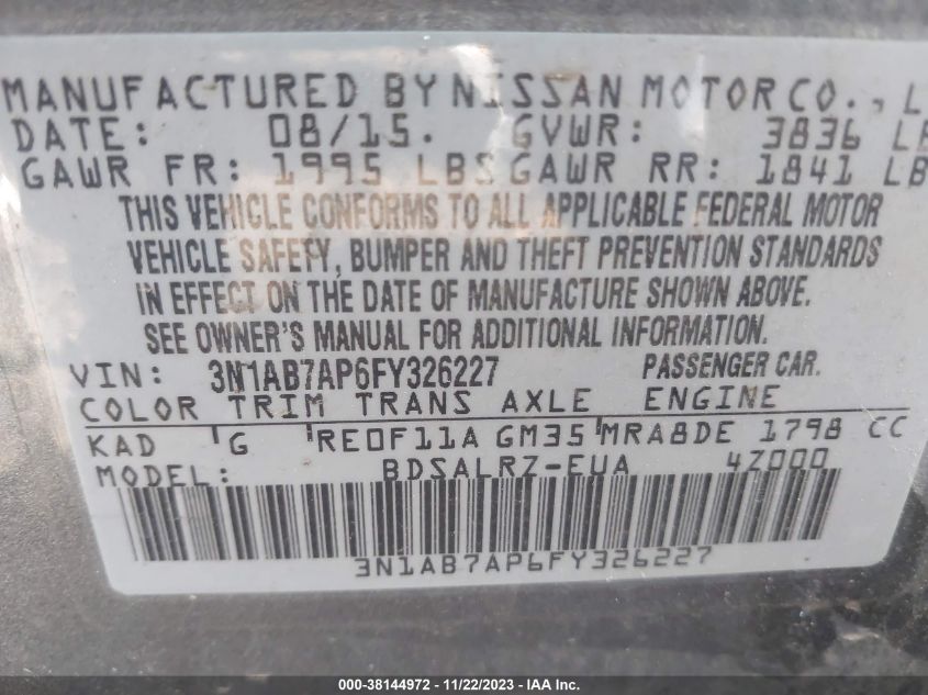 2015 NISSAN SENTRA S/SV/SR/SL - 3N1AB7AP6FY326227